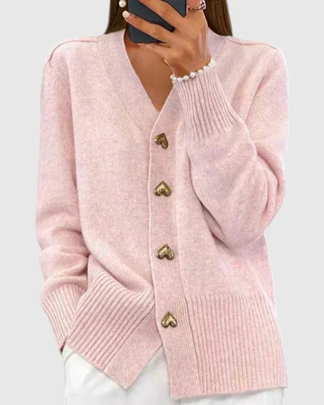 Heart Button V Neck Knit Cardigan