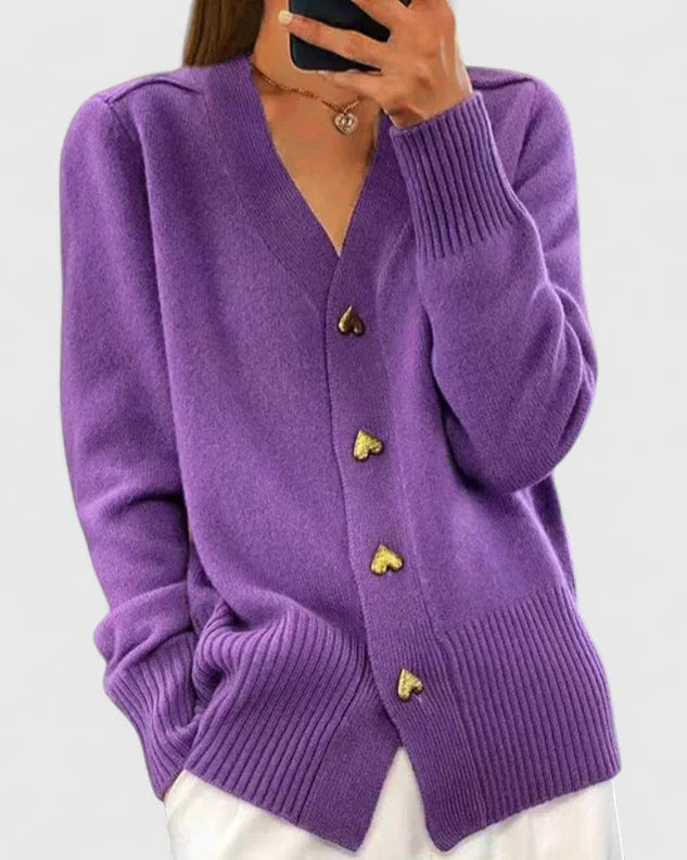 Heart Button V Neck Knit Cardigan