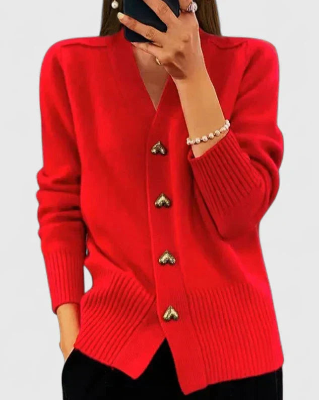 Heart Button V Neck Knit Cardigan