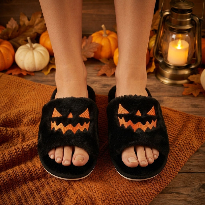 Women's Plush Pumpkin Face Halloween Slippers