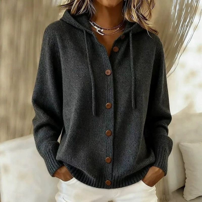 Women's Knit Hooded Cardigan with Button Front
