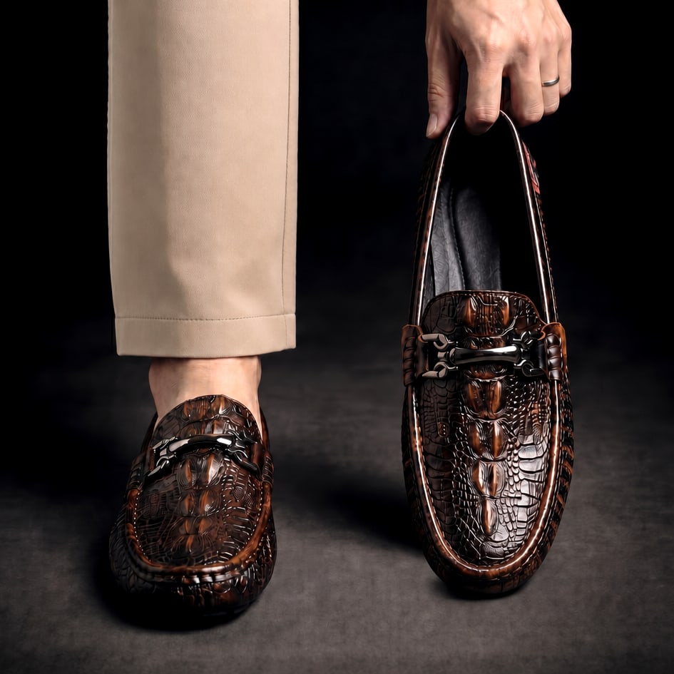 Men's Croc-Embossed Leather Loafers with Bit Buckle