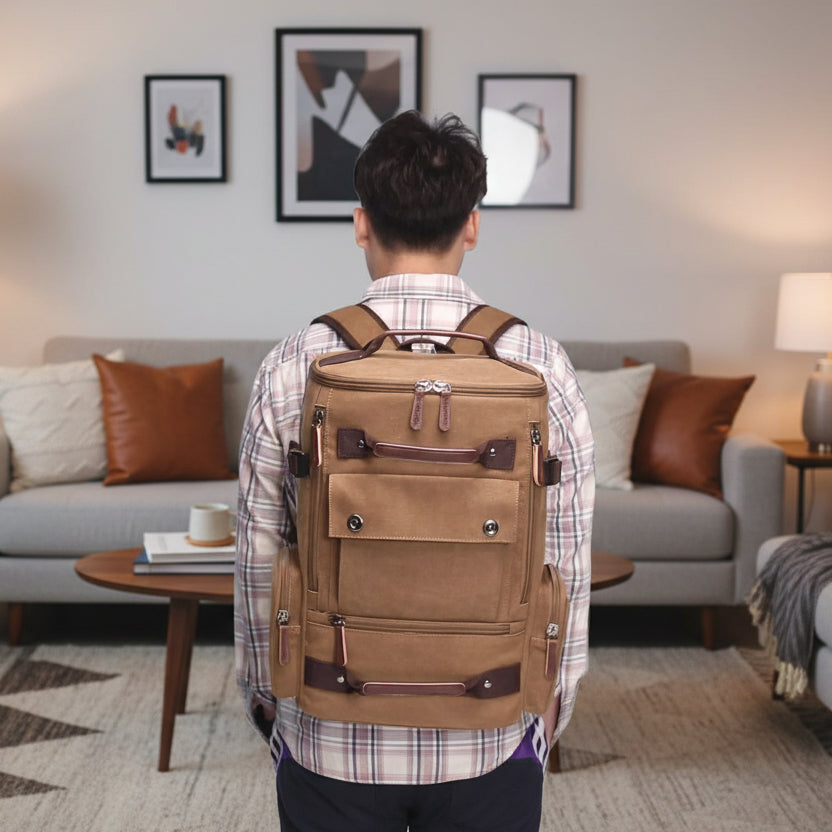Unisex Canvas Travel Backpack with Multiple Zip Pockets