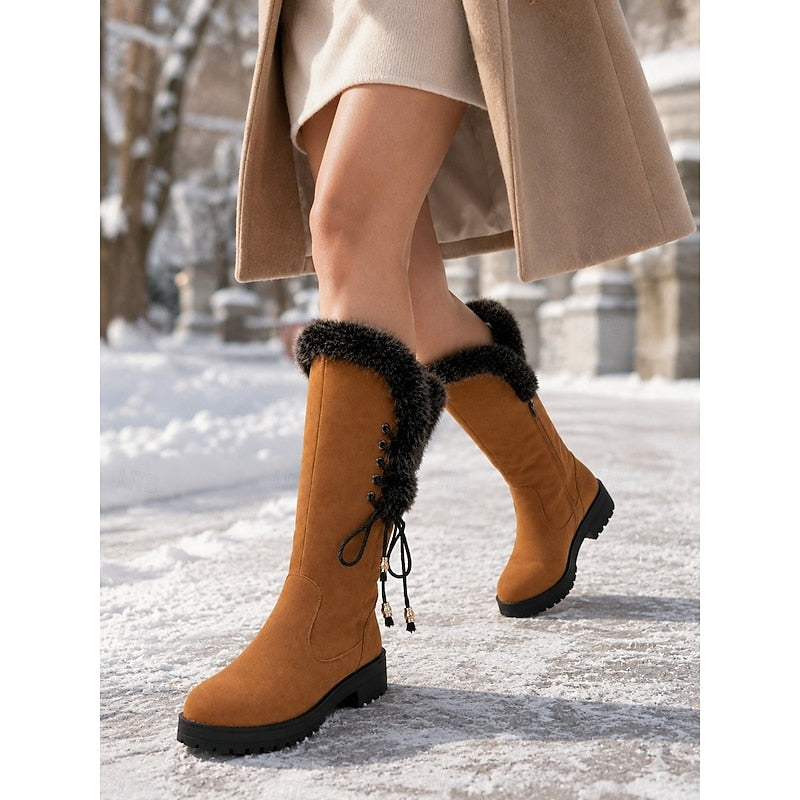 Women's Fur-Trimmed Knee-High Winter Boots with Lace-Up Detail
