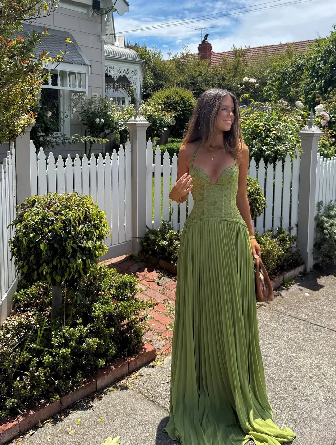 Women's Halter Pleated Maxi Dress with Sweetheart Bodice