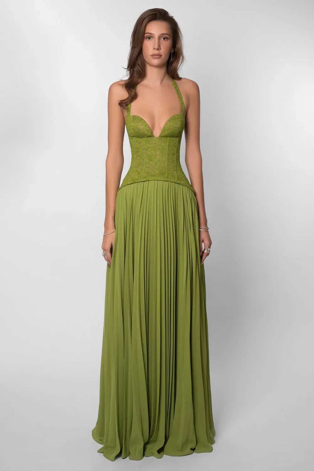 Women's Halter Pleated Maxi Dress with Sweetheart Bodice