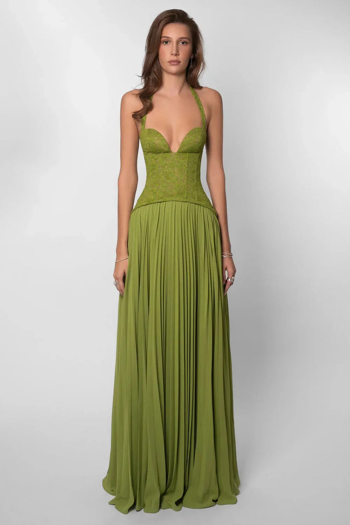 Women's Halter Pleated Maxi Dress with Sweetheart Bodice