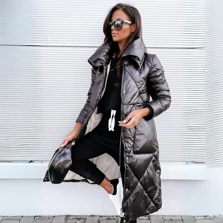 Women's Quilted Long Puffer Coat with Belted Waist