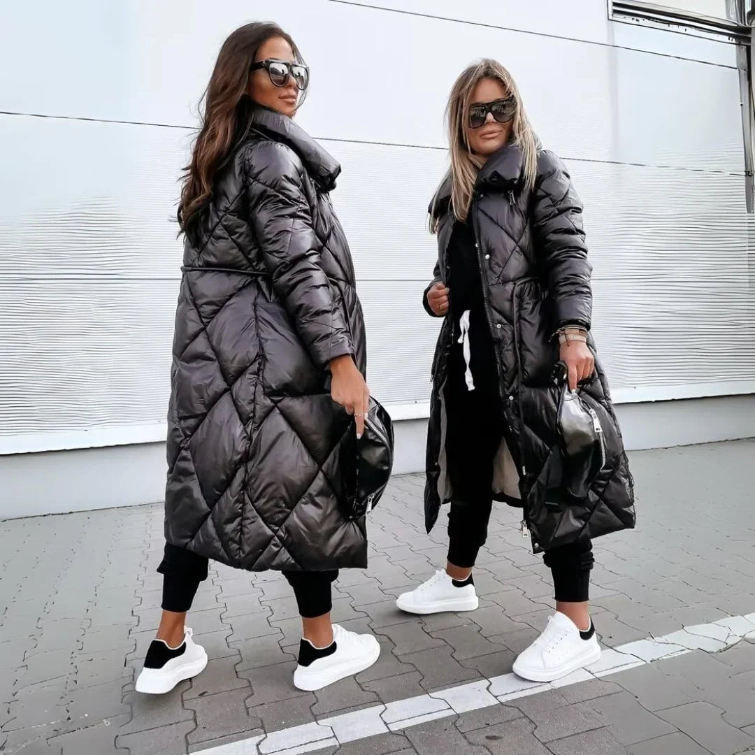 Women's Quilted Long Puffer Coat with Belted Waist