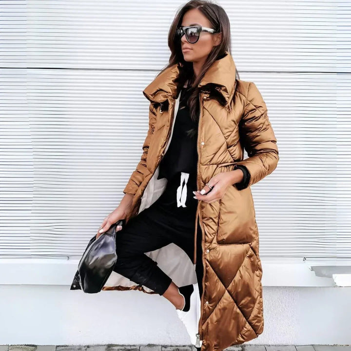 Women's Quilted Long Puffer Coat with Belted Waist