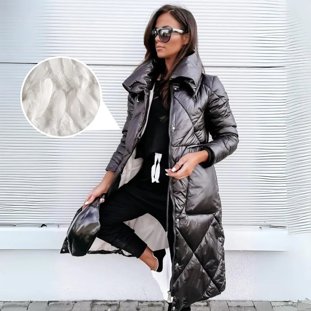 Women's Quilted Long Puffer Coat with Belted Waist