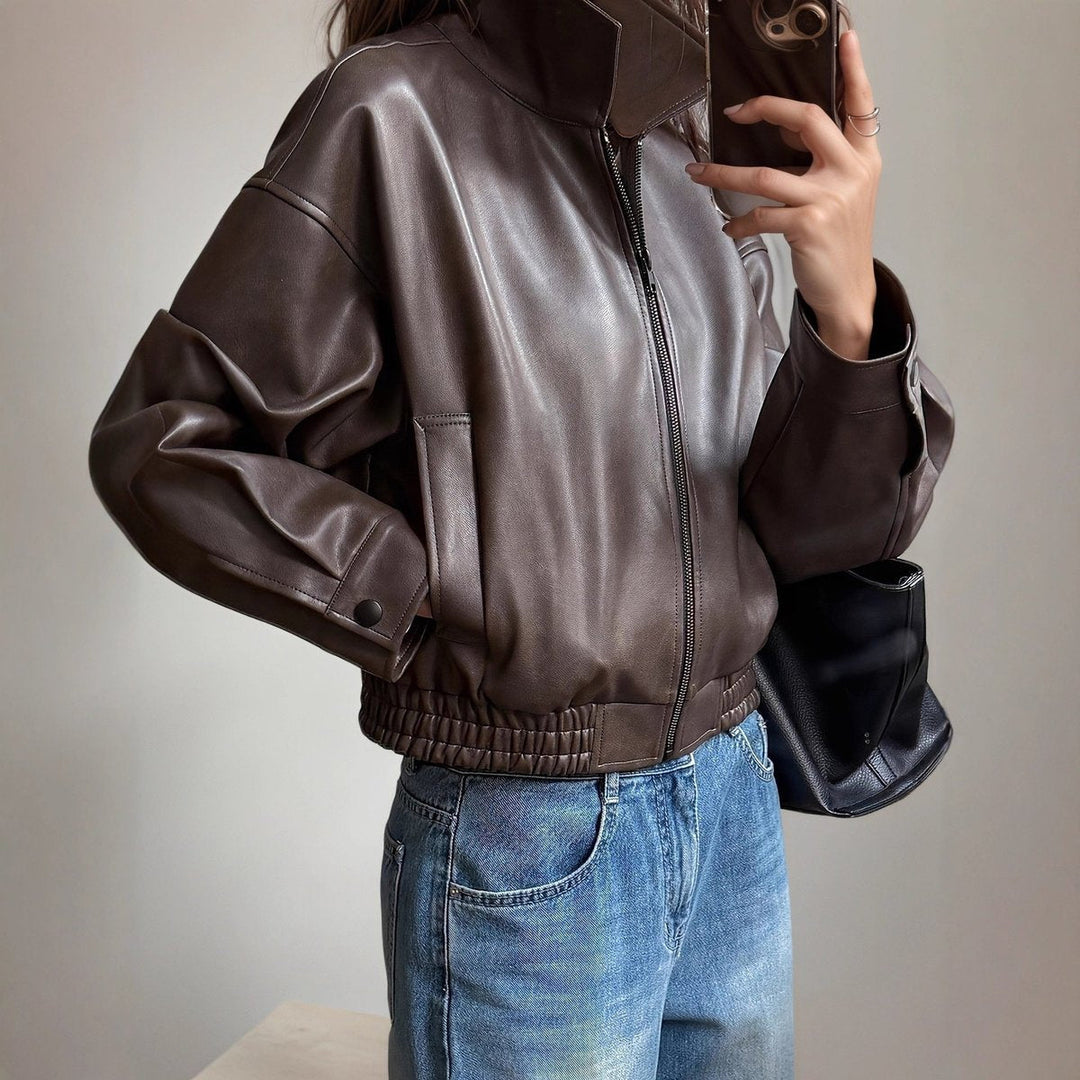 Women's Faux Leather Bomber Jacket with Stand Collar