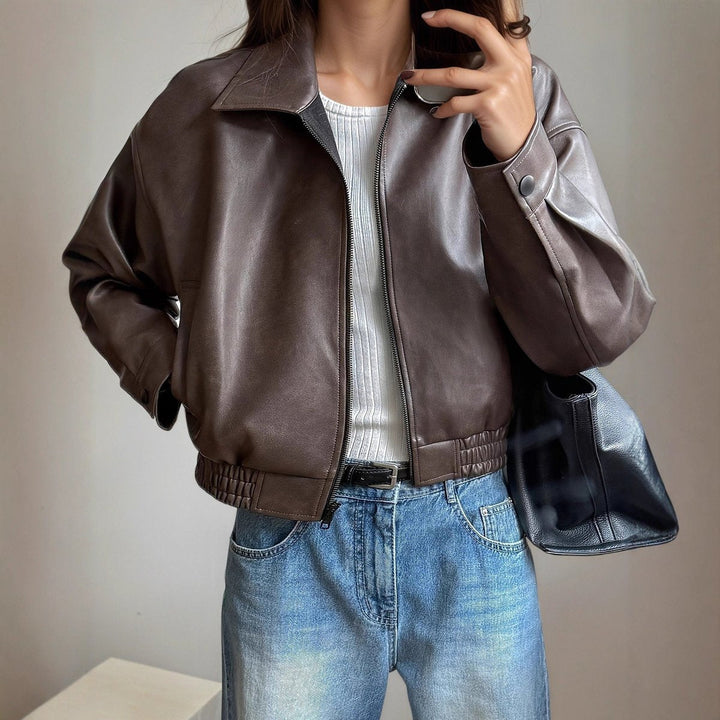 Women's Faux Leather Bomber Jacket with Stand Collar