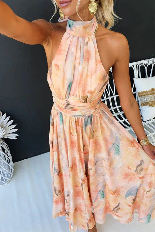 Women's Halter Neck Tie-Dye Print Midi Dress