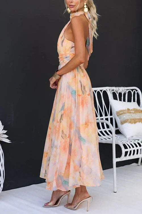 Women's Halter Neck Tie-Dye Print Midi Dress