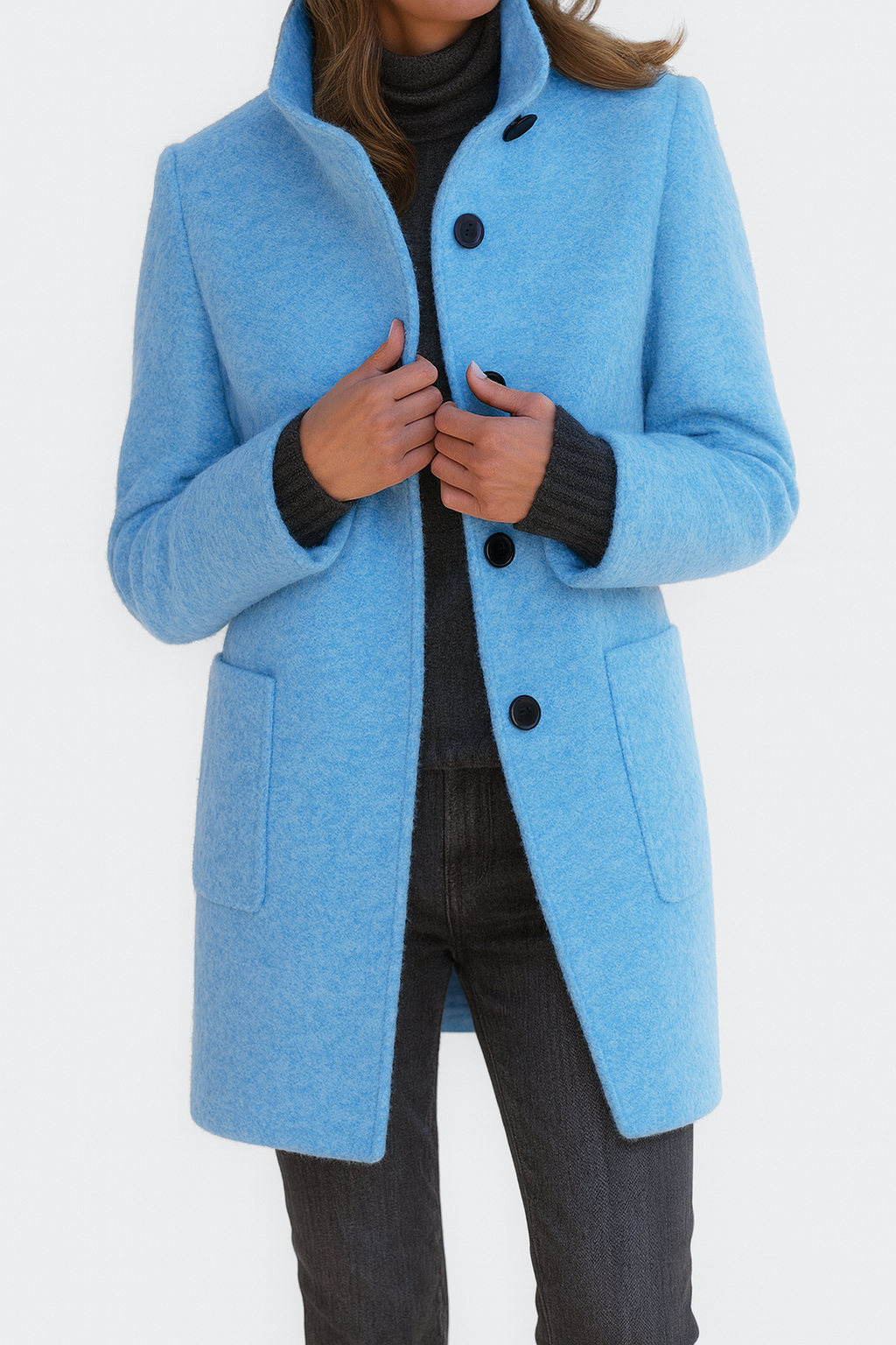 Women's Knee-Length Stand Collar Coat with Button Front