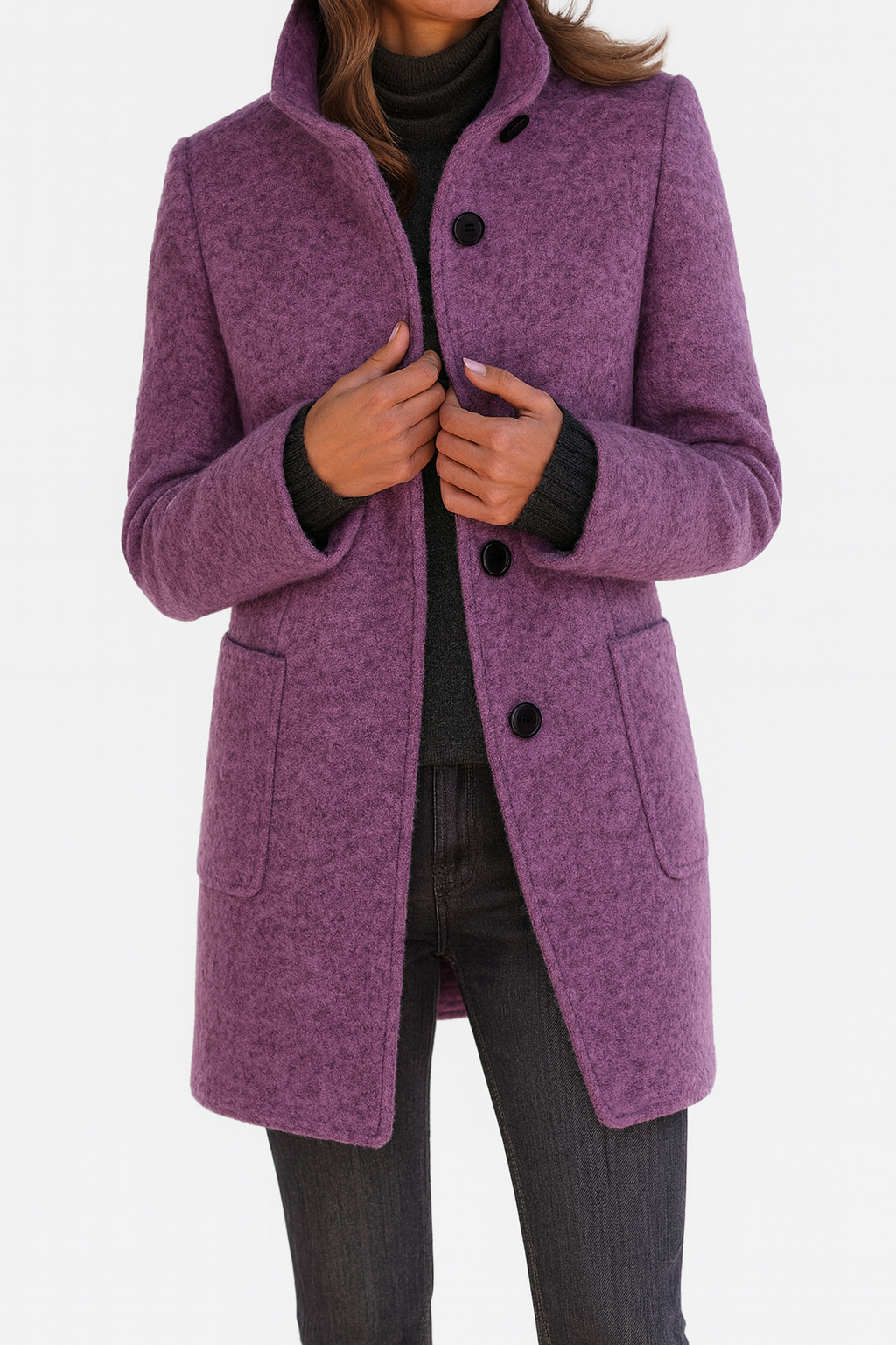 Women's Knee-Length Stand Collar Coat with Button Front