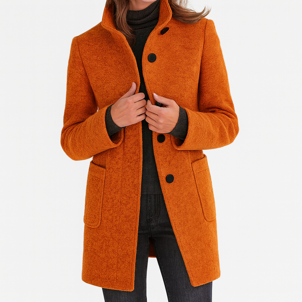 Women's Knee-Length Stand Collar Coat with Button Front