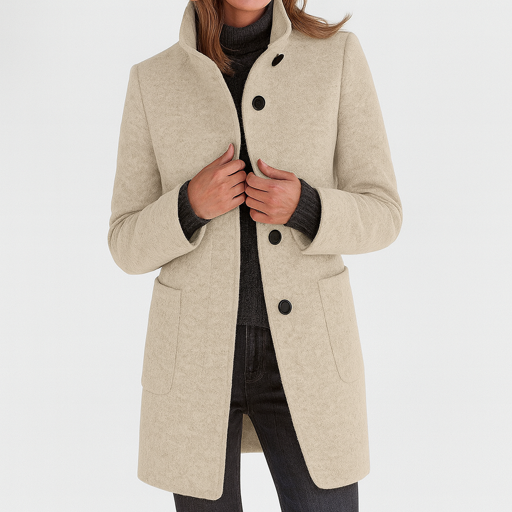 Women's Knee-Length Stand Collar Coat with Button Front