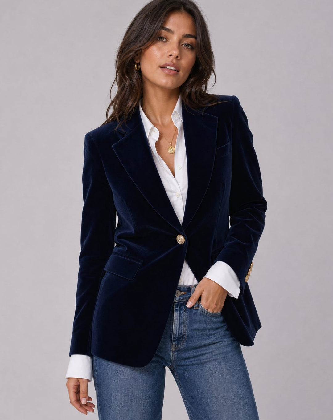 Women's Velvet Blazer with Notched Lapel and Gold Button