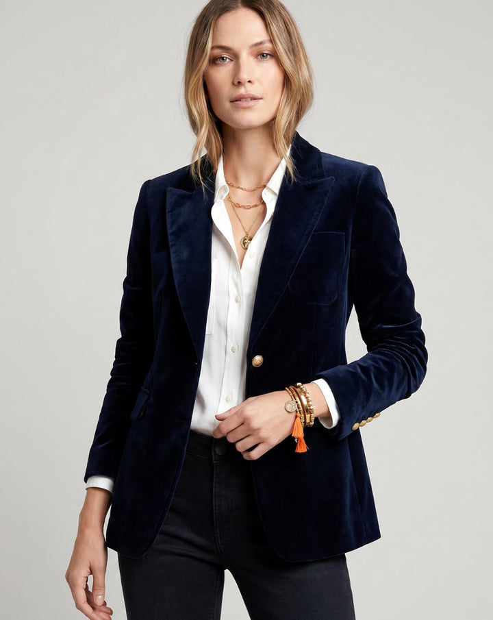 Women's Velvet Blazer with Notched Lapel and Gold Button