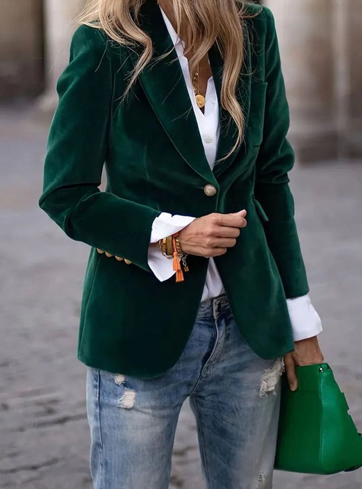 Women's Velvet Blazer with Notched Lapel and Gold Button