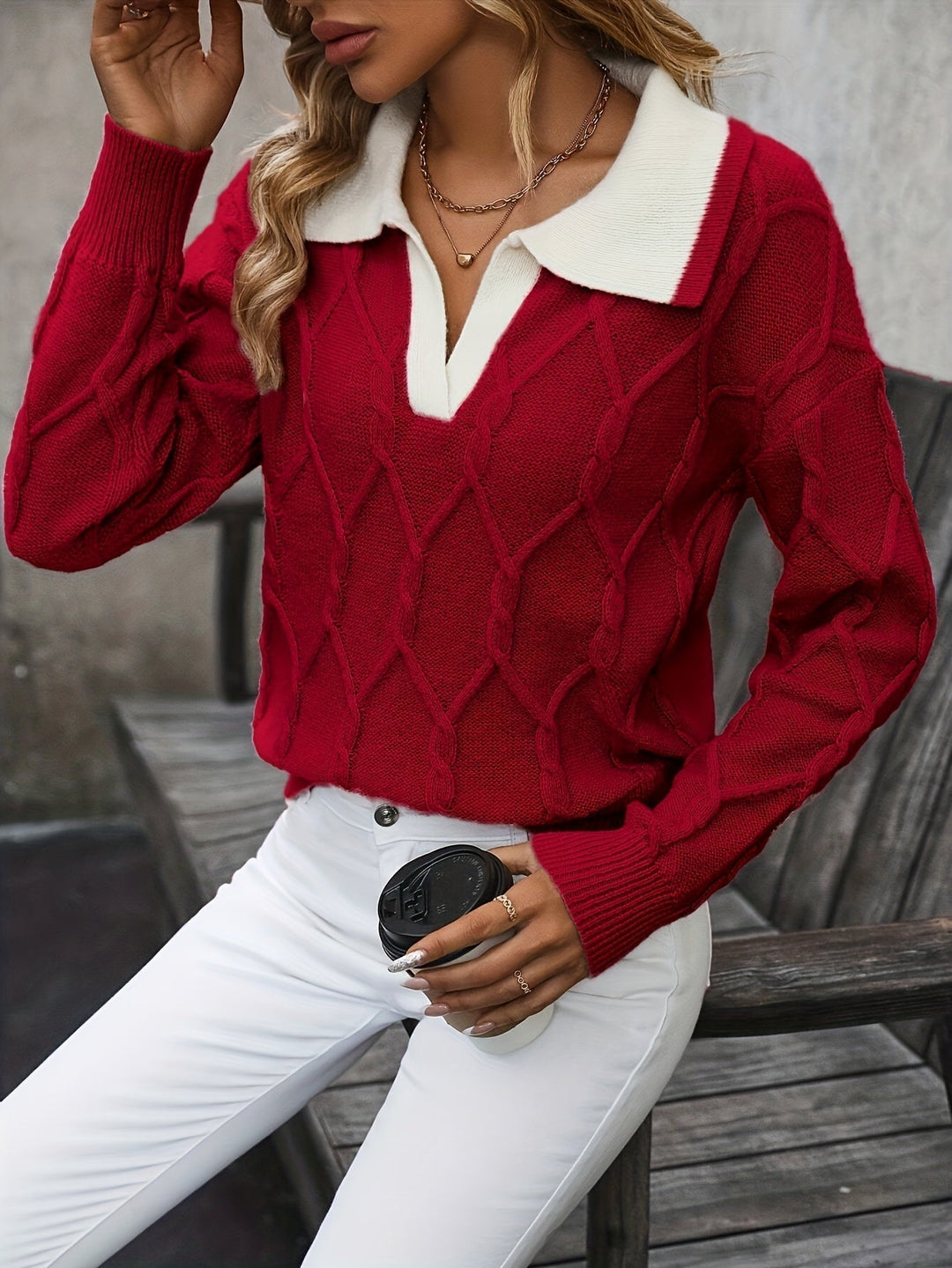 Women's Cable-Knit Oversized Sweater with Collared V-Neck