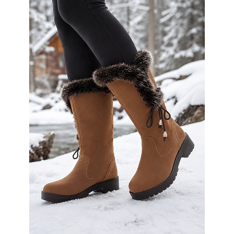 Women's Fur-Trimmed Knee-High Winter Boots with Lace-Up Detail