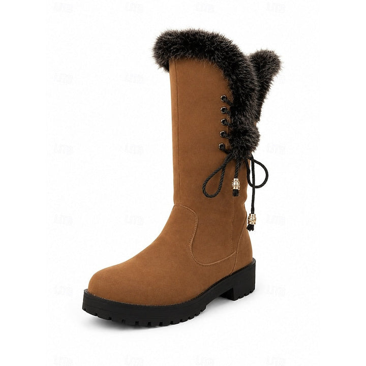 Women's Fur-Trimmed Knee-High Winter Boots with Lace-Up Detail
