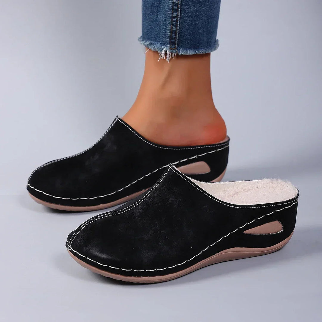 Women's Fleece-Lined Slip-On Mule Clogs with Wedge Sole
