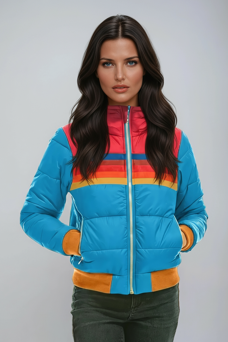 Women's Striped Puffer Jacket with Zip Front