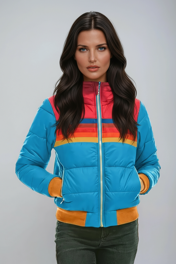 Women's Striped Puffer Jacket with Zip Front